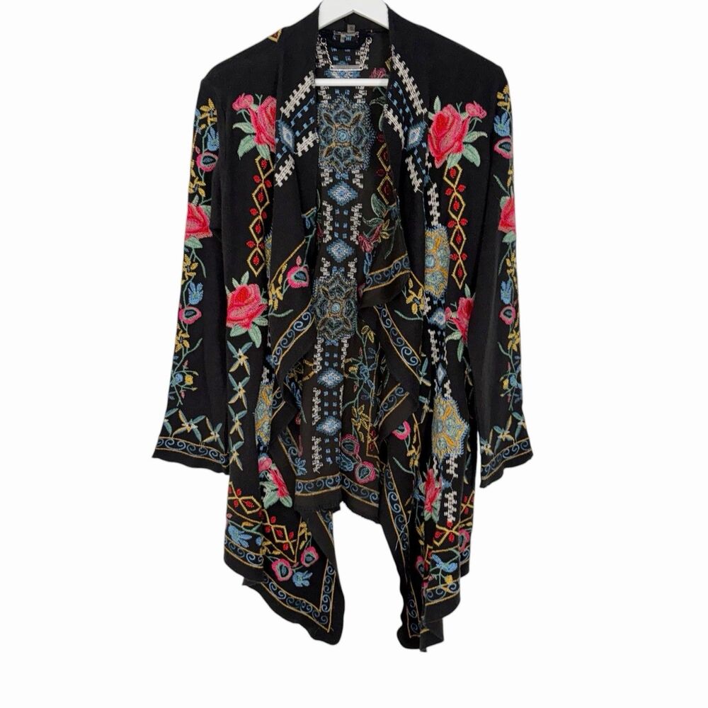 Paparazzi Black Floral Embroidered Cardigan Small Open Front Roses Multicolor
